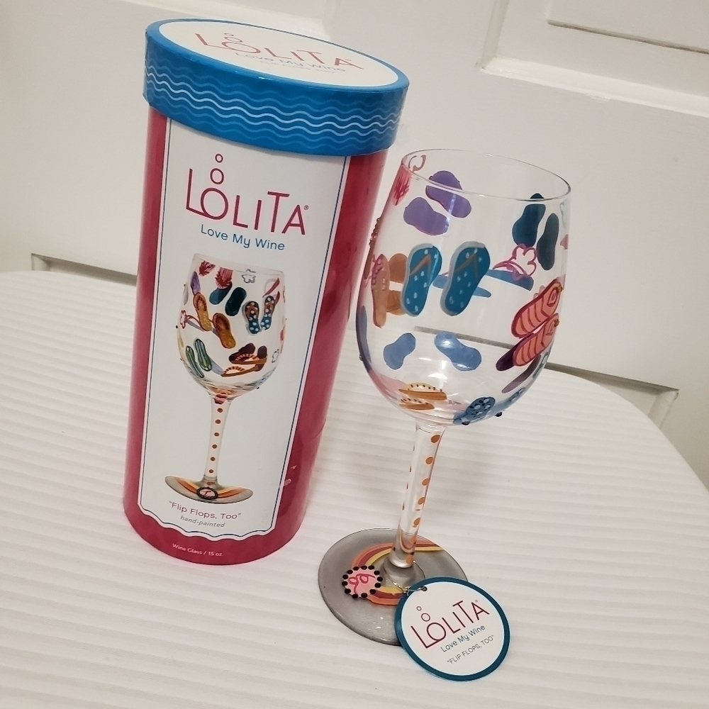 NIB Lolita Love My Wine "Flip Flops Too" 15 oz Wine Glass